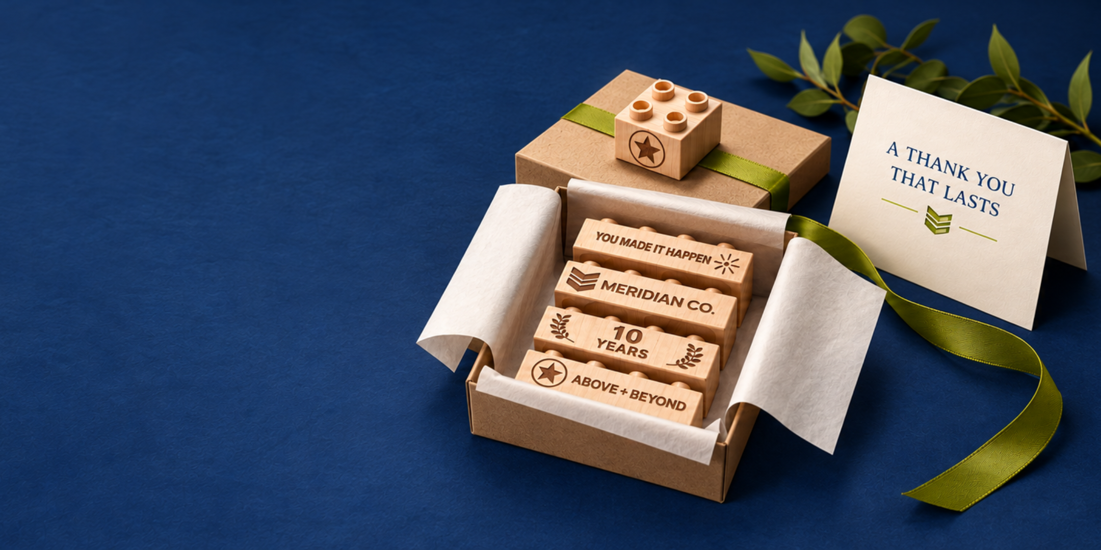 Gift box of wooden bricks engraved with company branding, appreciation messages and a 10-year service milestone.