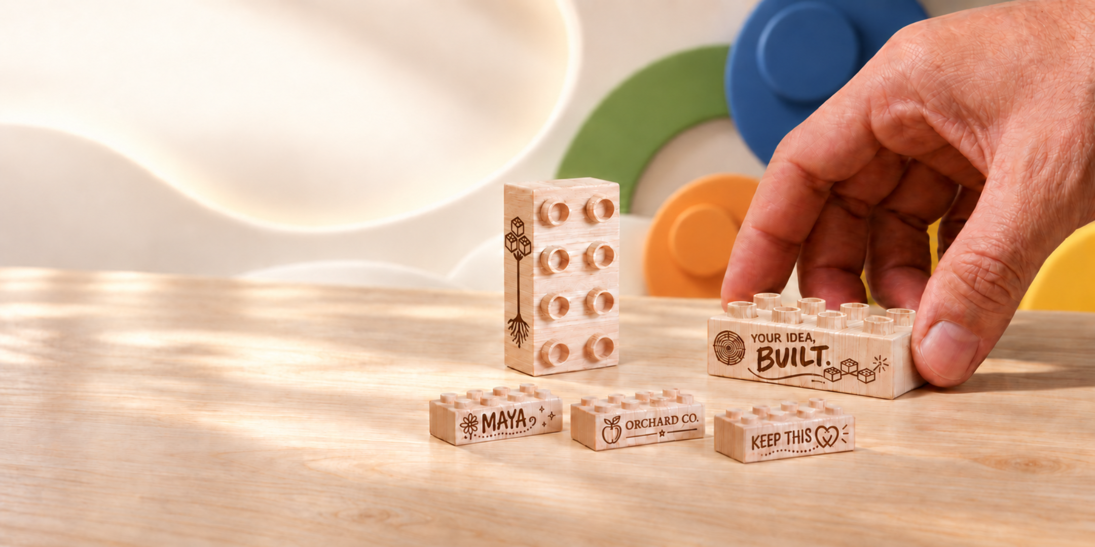 A hand places a wooden brick engraved with Your Idea, Built beside an upright engraved brick and smaller personalized bricks.