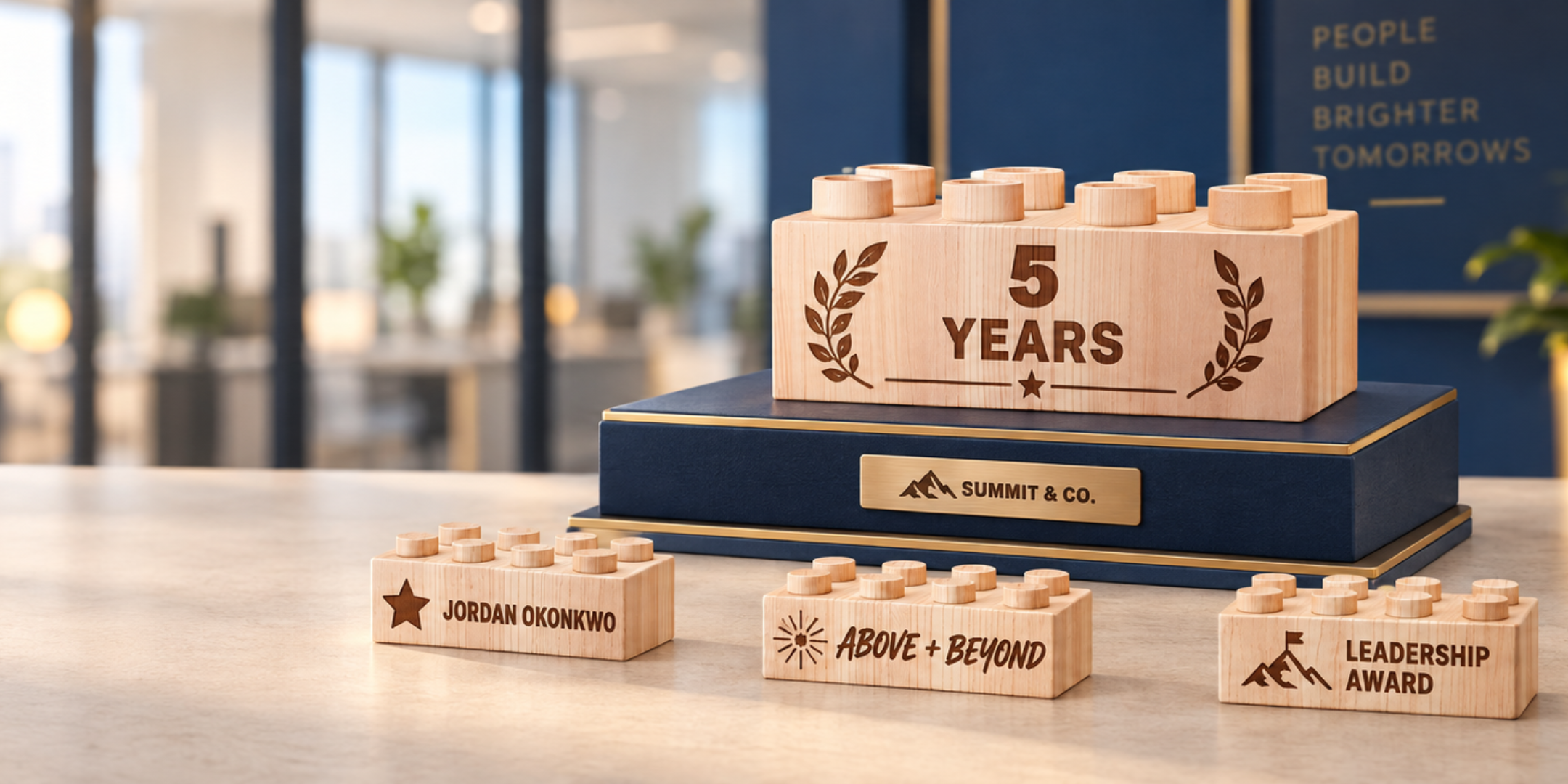 Wooden employee recognition bricks engraved with a five-year service milestone, a name, and leadership and achievement messages.