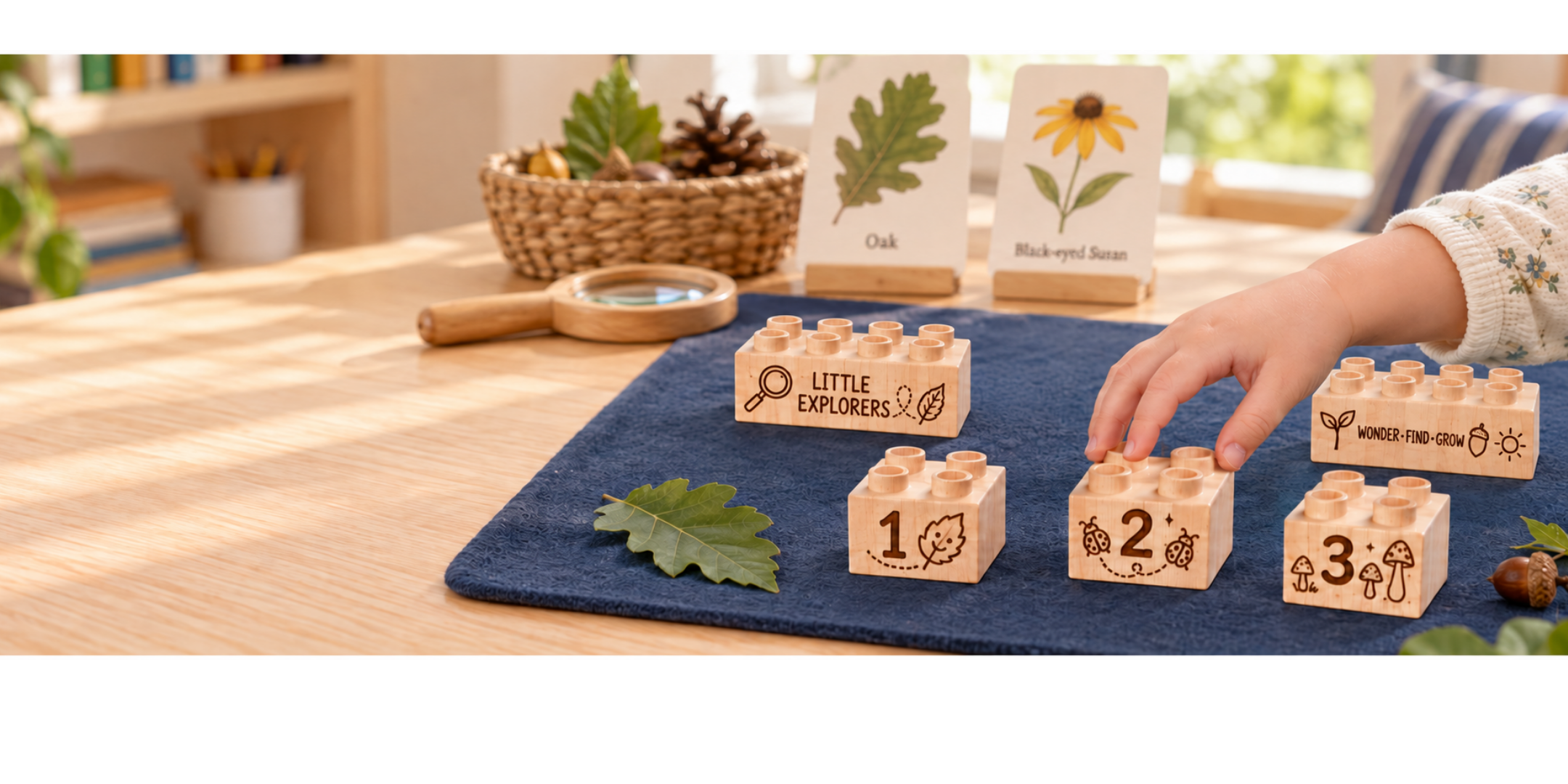 A hand places a wooden number 2 brick beside number 1 and 3 bricks, with nature-themed engravings on a blue mat.