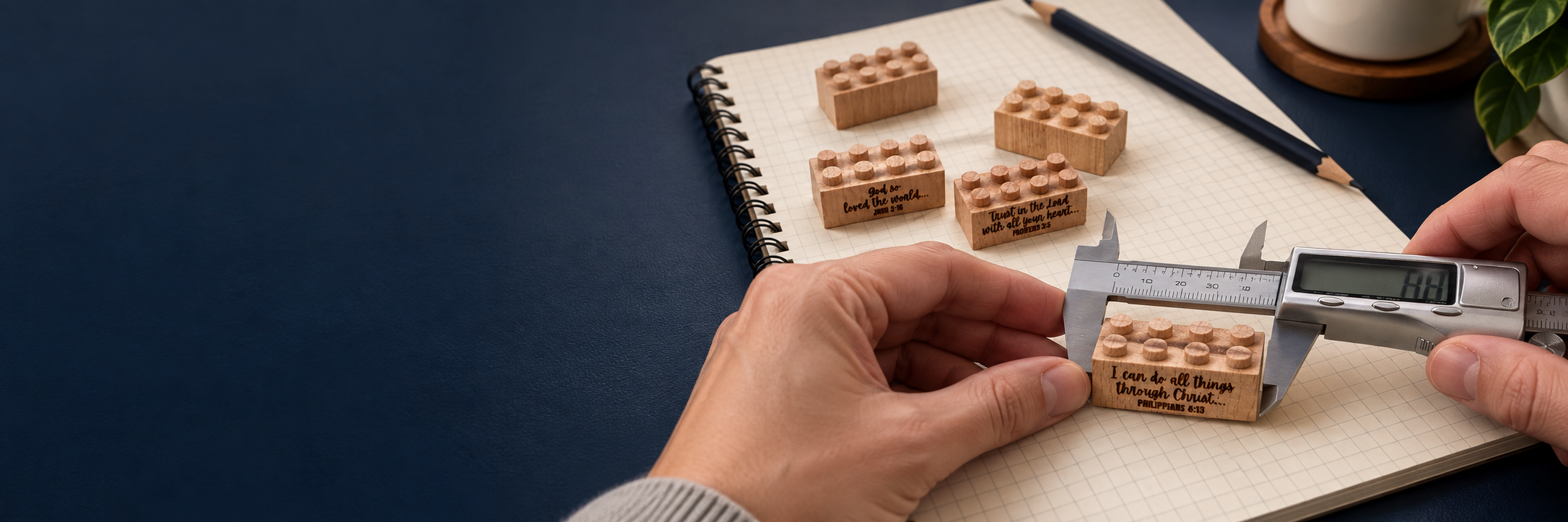 Hands measuring an engraved wooden brick with digital calipers beside wooden bricks on a notebook.