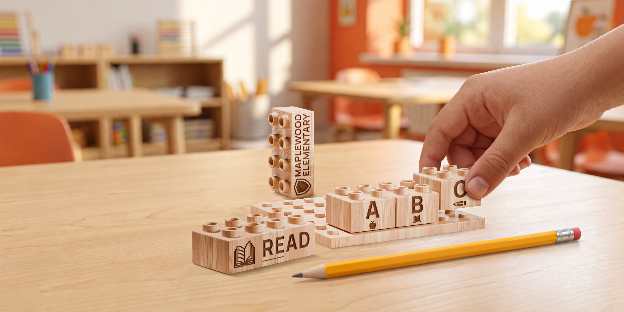 A hand placing a wooden C brick beside A and B bricks, with Read and school-name bricks on a classroom table.