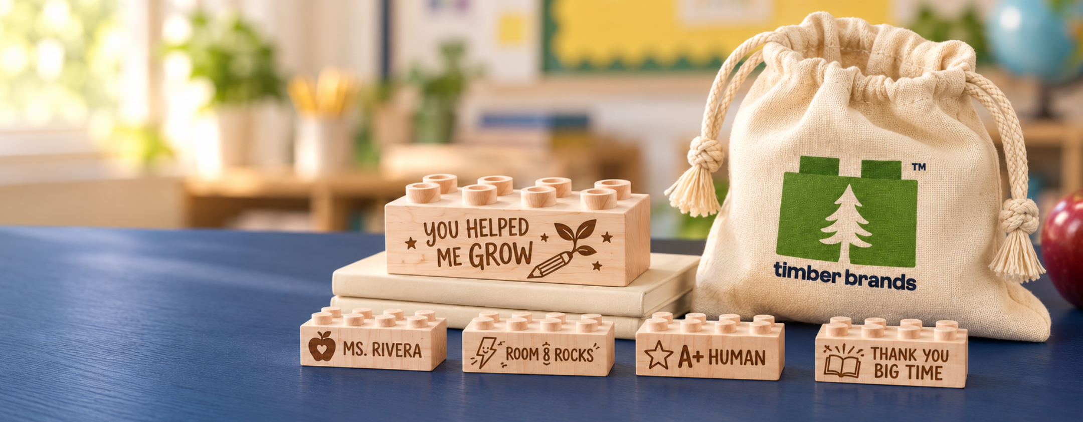 Five engraved wooden teacher appreciation bricks, including You Helped Me Grow and Ms. Rivera, beside books and a Timber Brands drawstring bag.