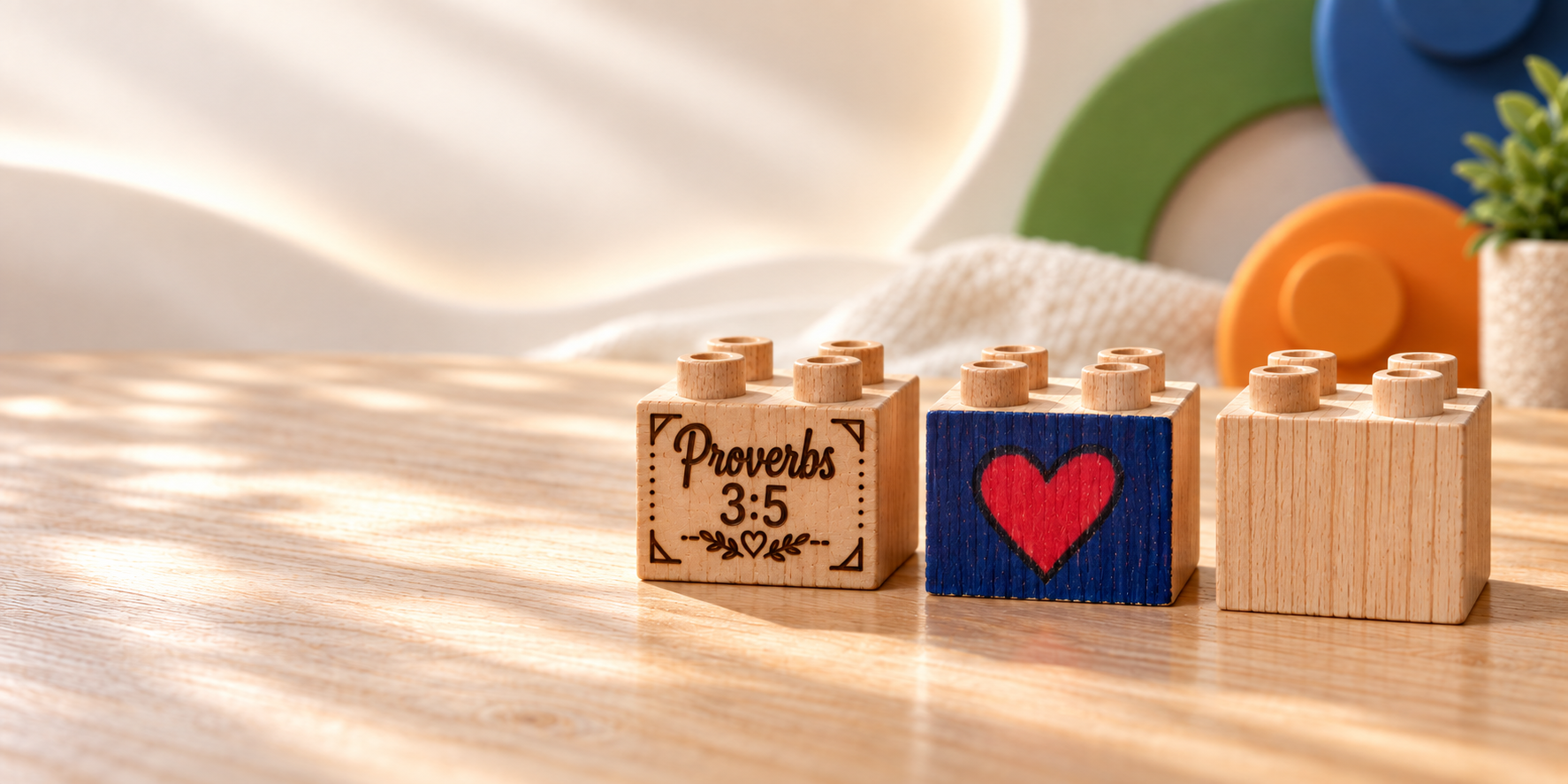Three wooden bricks: one engraved with Proverbs 3:5, one colored blue with a red heart, and one showing its uncoated wood grain.