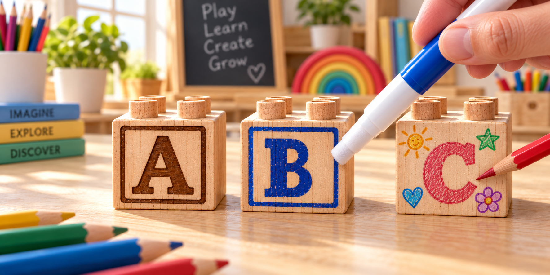 Three wooden alphabet bricks showing an engraved A, a blue B, and a red C decorated with drawings.