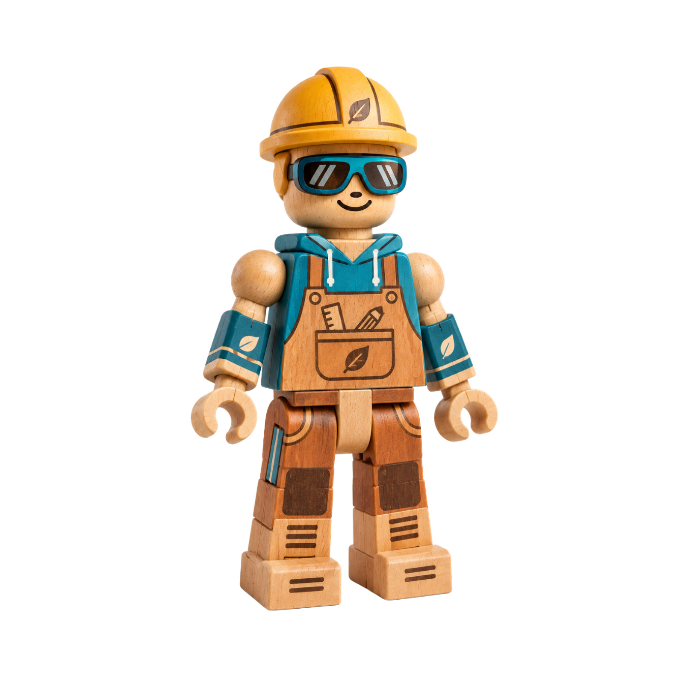 Flint, a wooden builder wearing a yellow hard hat, teal sunglasses, and leaf-decorated workwear.