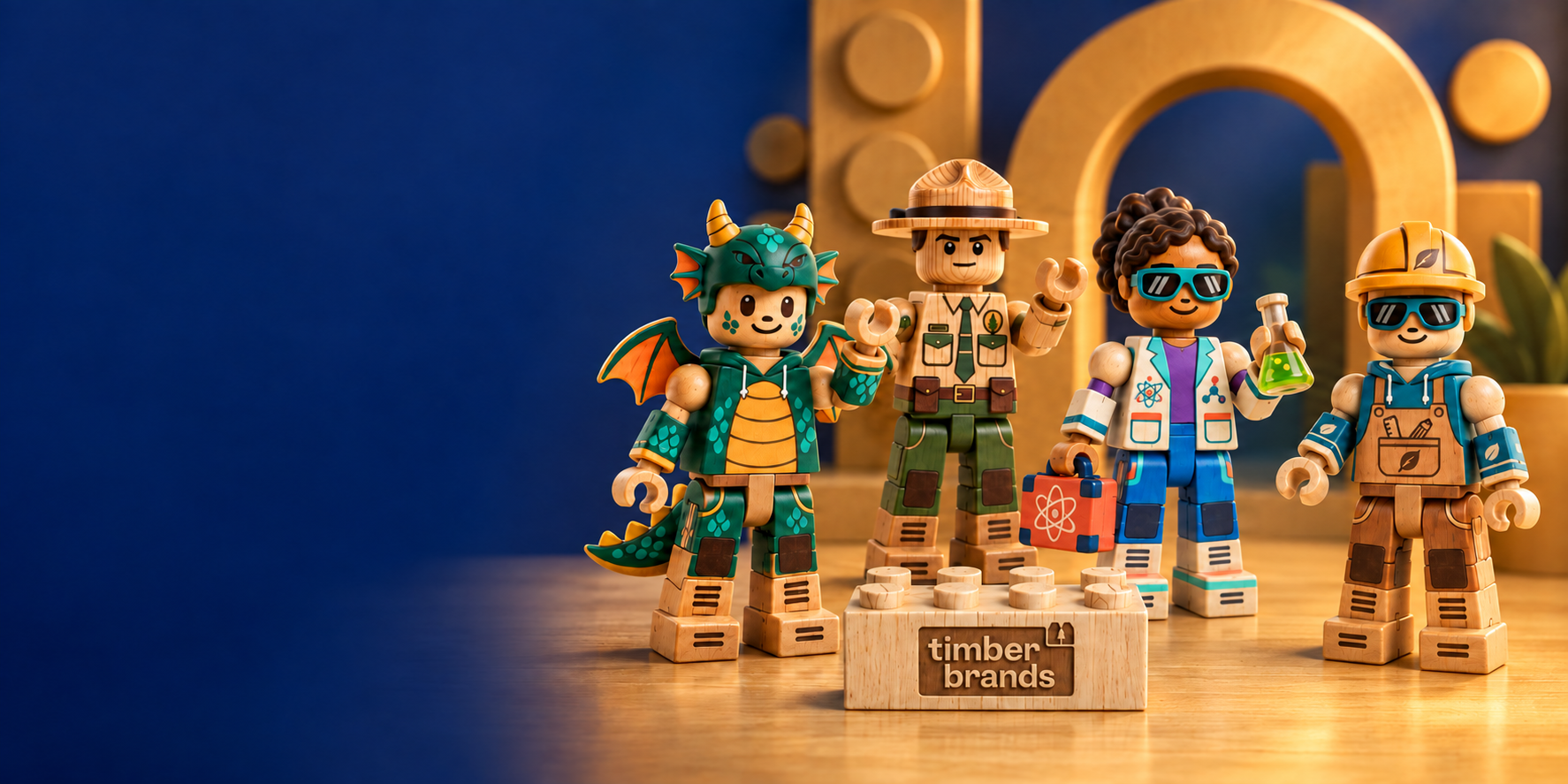 Four colorful wooden Timber Figures: a dragon, forest ranger, scientist, and builder in a a playful wooden scene.