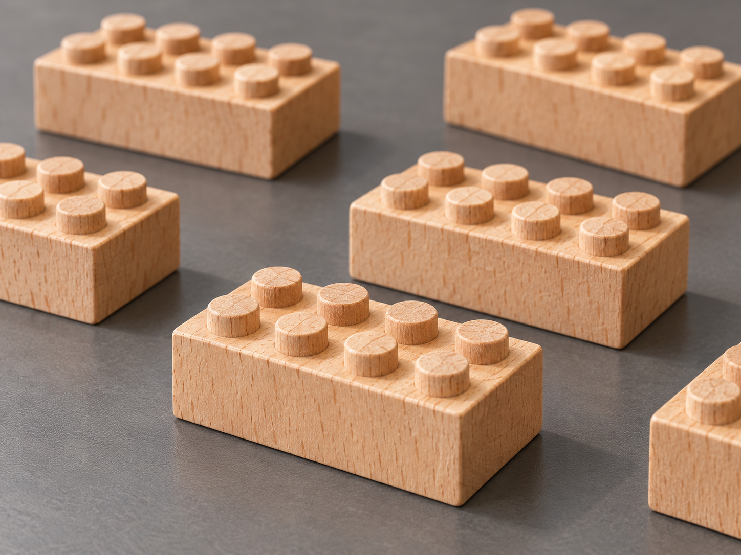 Natural wooden building bricks with eight round studs and visible wood grain, arranged on a gray surface.