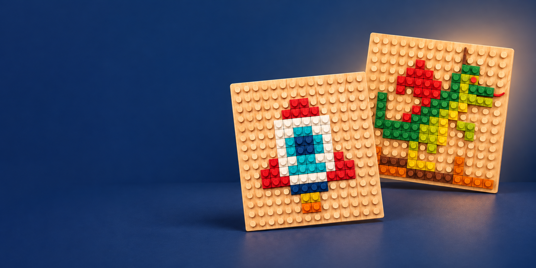 Two wooden baseplates with colorful brick mosaics of a rocket and a green dragon, displayed against a deep blue background.