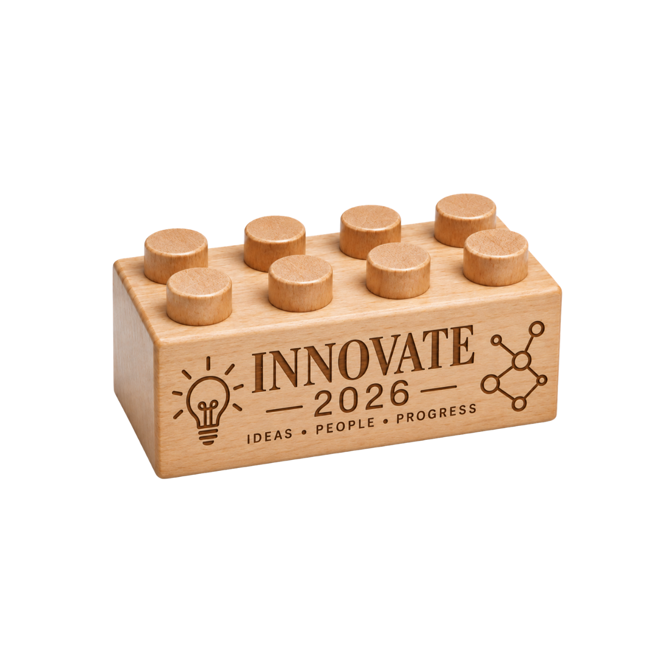 Wooden conference keepsake engraved with Innovate 2026, a light bulb, and the words Ideas, People, Progress.