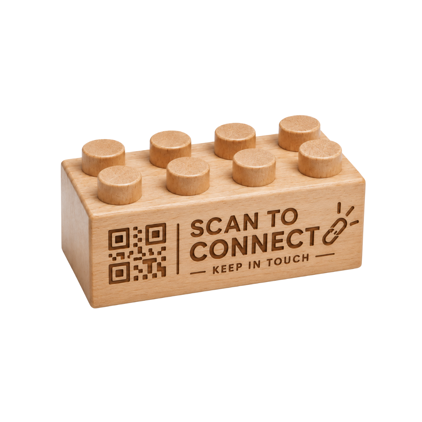 Wooden giveaway brick with a QR-code design and the engraved words Scan to Connect and Keep in Touch.