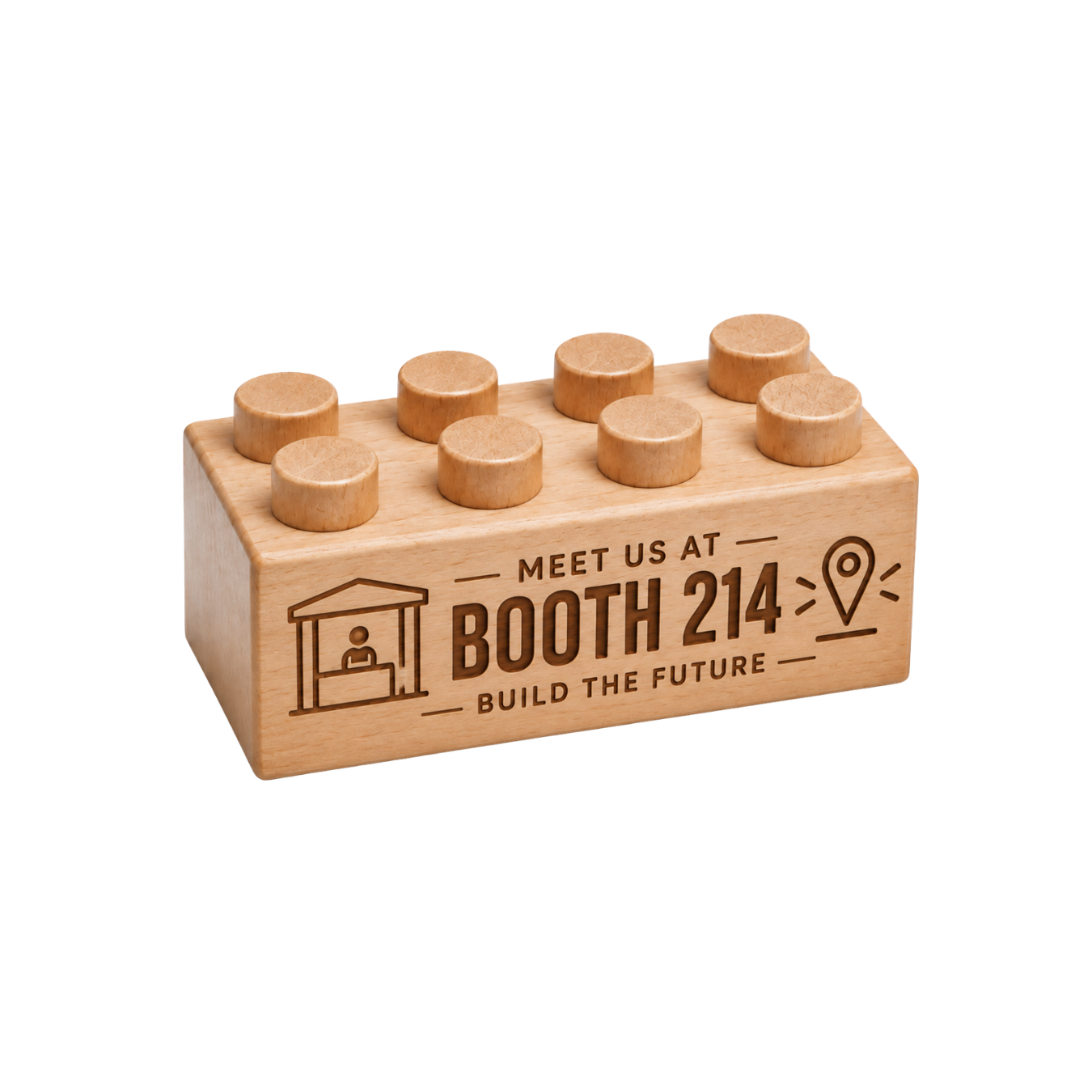 Wooden trade show giveaway brick engraved with Meet Us at Booth 214, a booth illustration, and a location pin.