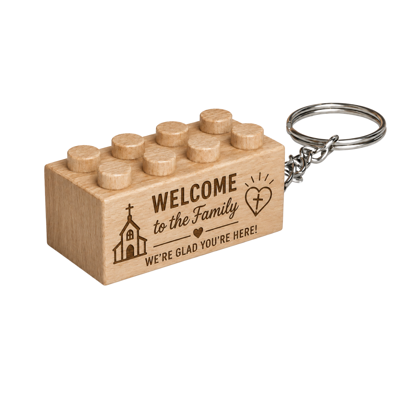 Wooden brick keychain with a metal chain and ring, engraved with Welcome to the Family and We’re Glad You’re Here.