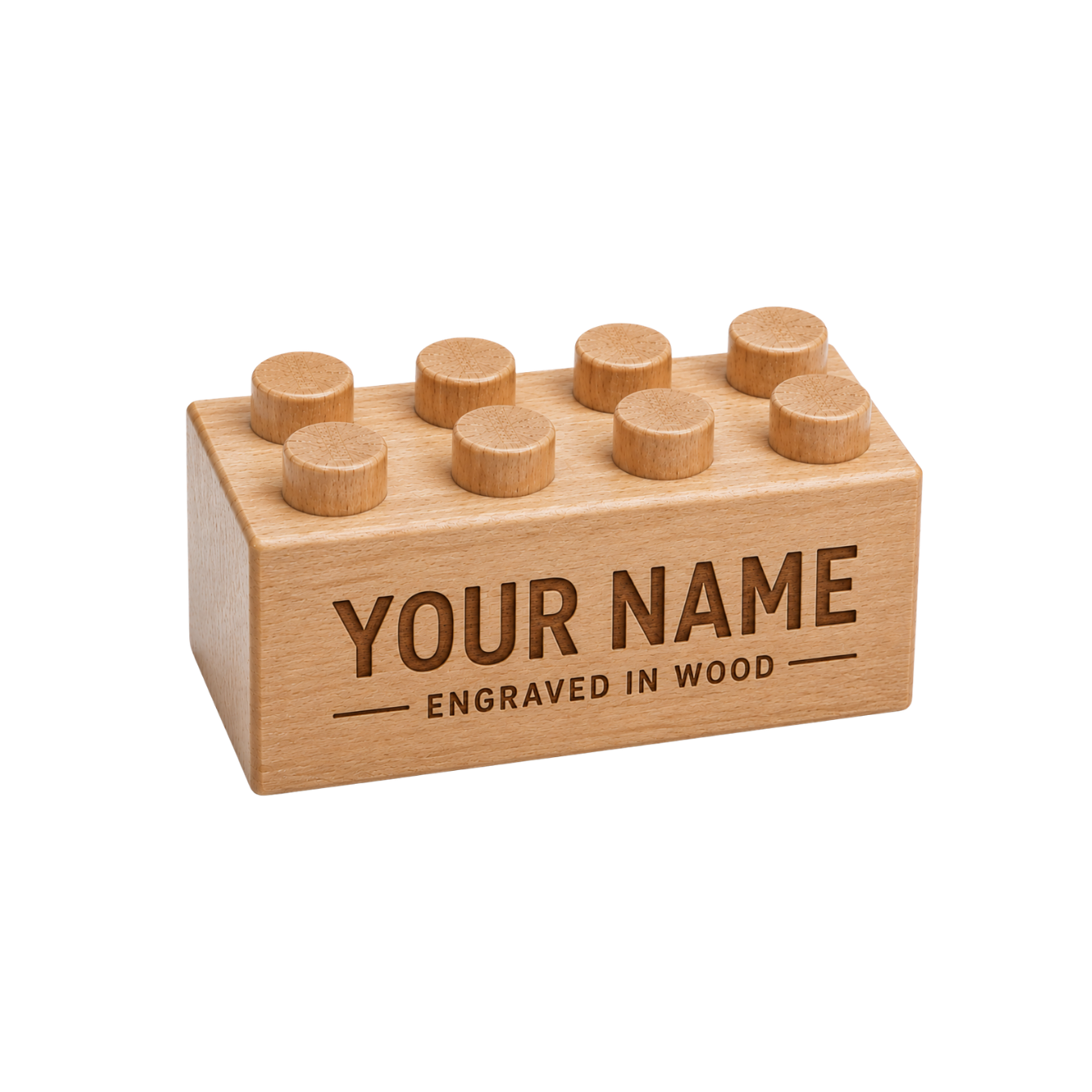 Wooden brick engraved with Your Name in bold lettering above Engraved in Wood.