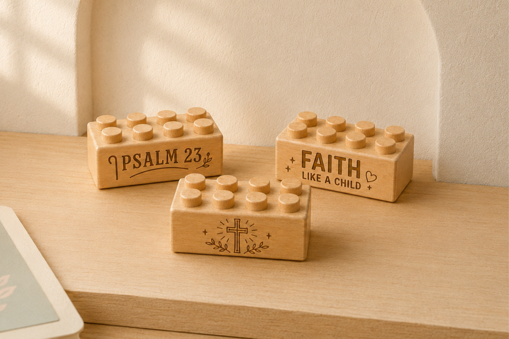 Three wooden bricks engraved with Psalm 23, Faith Like a Child, and a cross with leafy details on a sunlit wooden shelf.