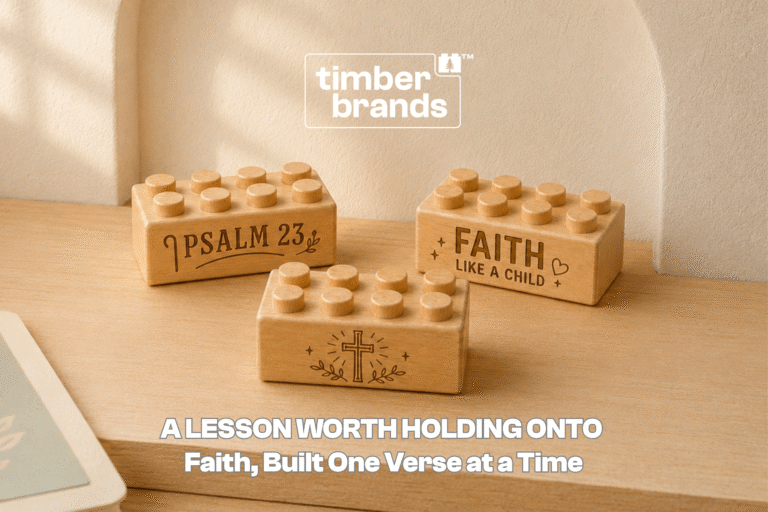 Engraved wooden bricks reading "Psalm 23," "Faith Like a Child," and a cross icon for VBS and Sunday school reward ideas.