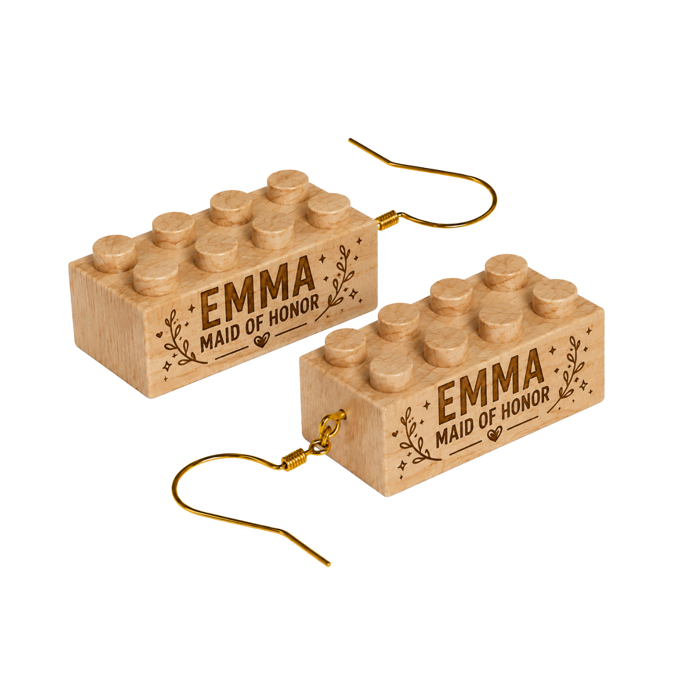 Pair of wooden brick earrings engraved with Emma, Maid of Honor, with leafy details and gold-colored hooks.