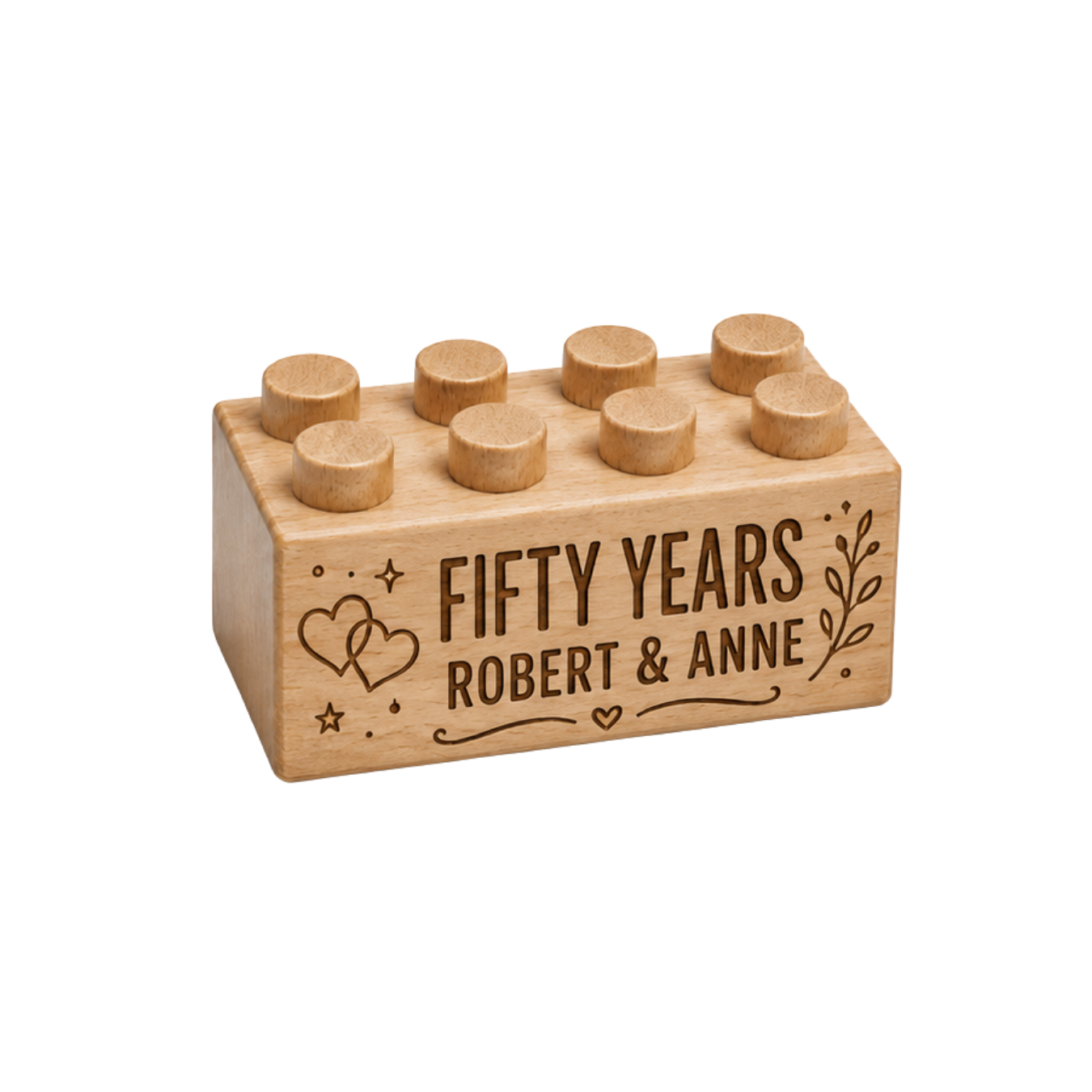 Wooden anniversary brick engraved with Fifty Years and Robert & Anne, with linked hearts and a leafy branch.