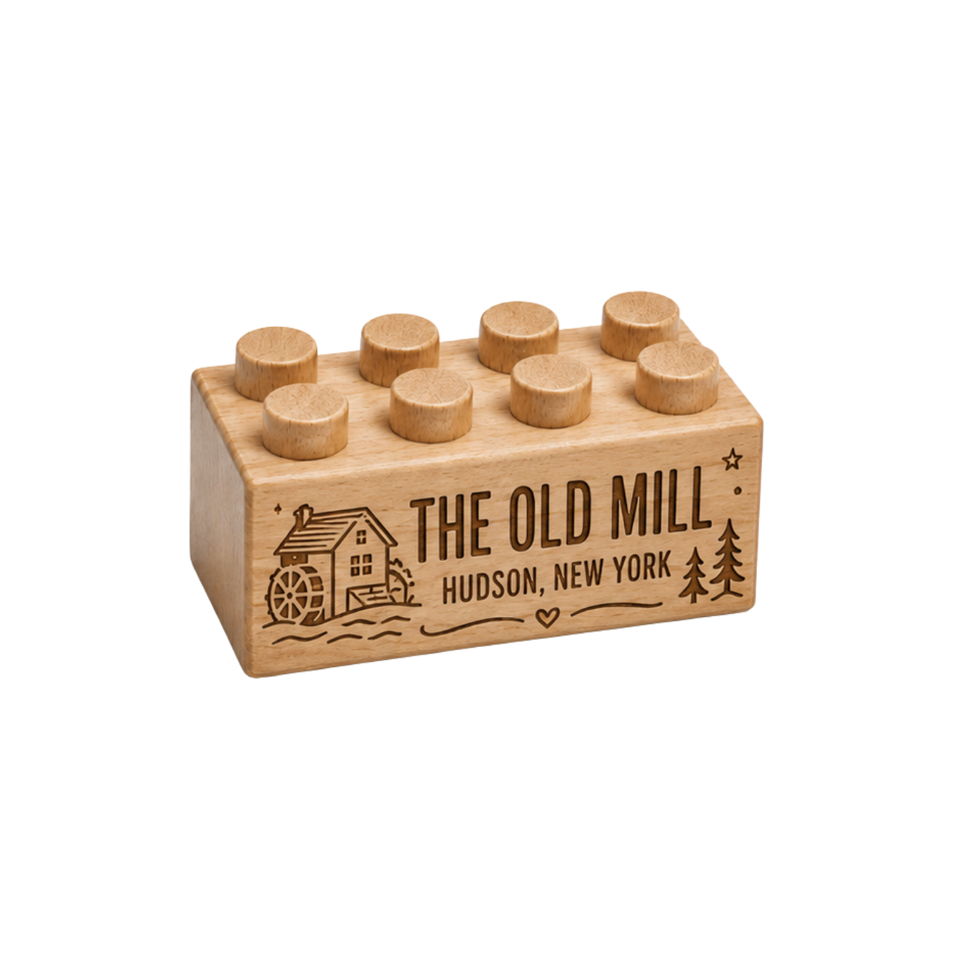 Wooden brick engraved with The Old Mill, Hudson, New York, with a watermill illustration and trees.