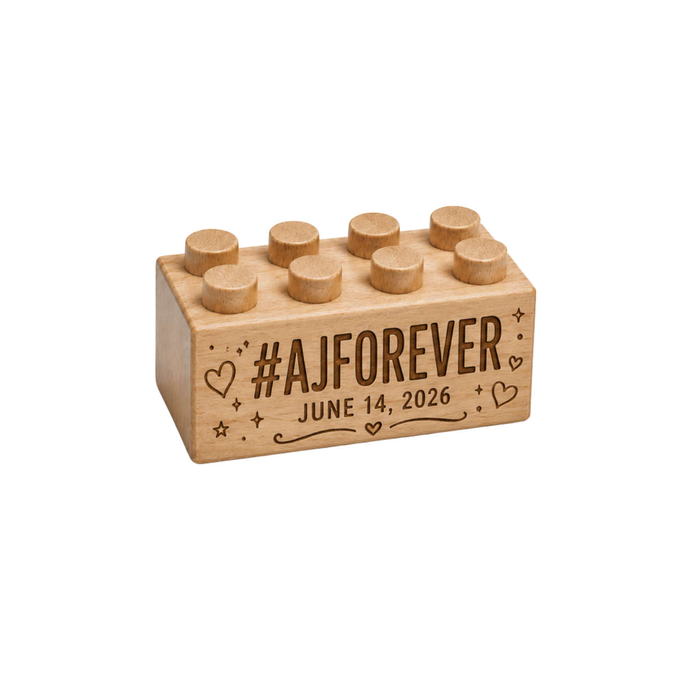 Wooden wedding favor engraved with #AJForever and June 14, 2026, surrounded by hearts and stars.