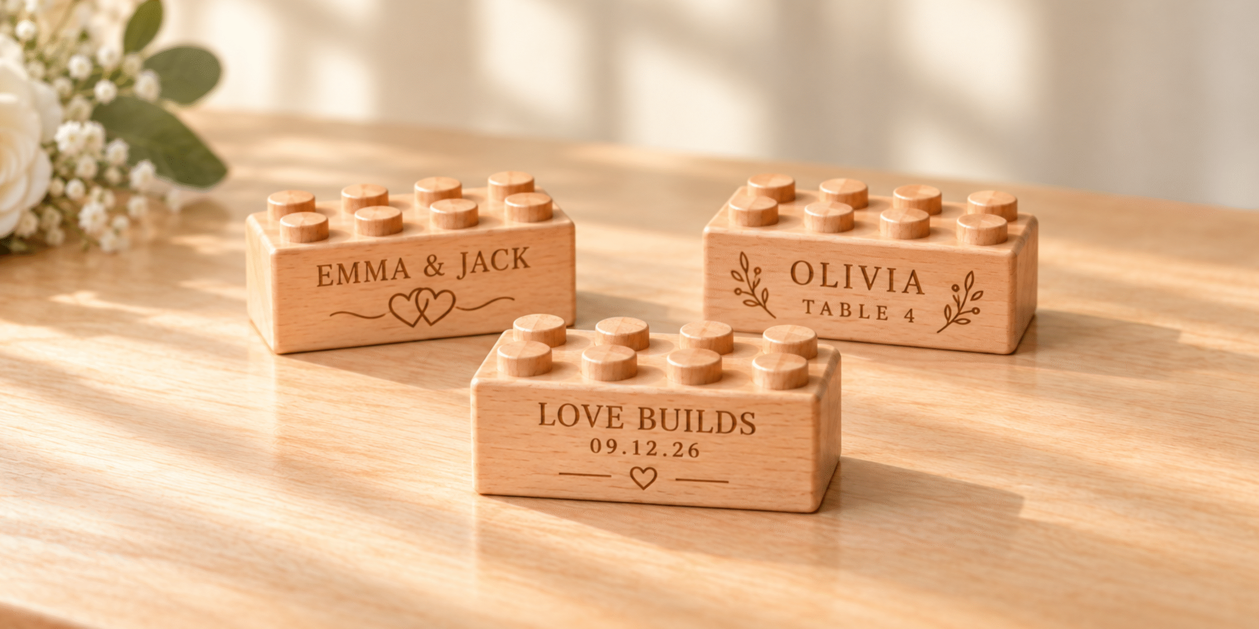 Three wooden bricks engraved with Emma & Jack, Olivia Table 4, and Love Builds with a wedding date, beside white flowers on a sunlit table.