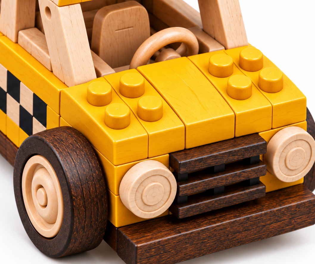 Close-up of a yellow wooden brick taxi showing raised studs, visible wood grain, a wooden steering wheel, and round headlights.