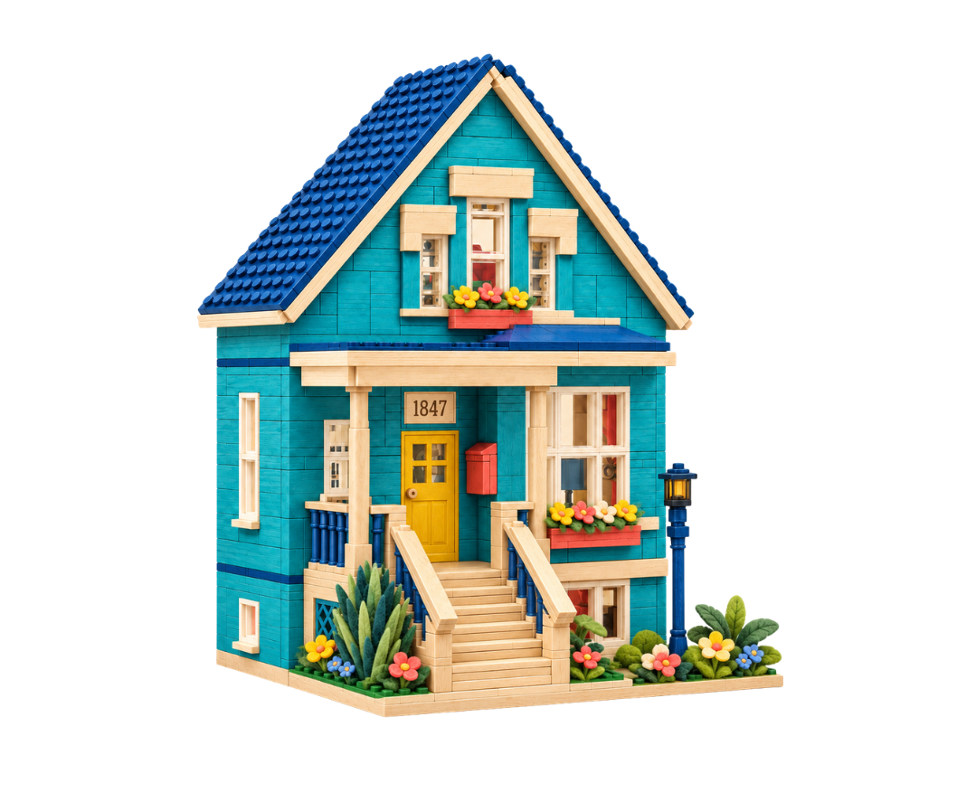 Teal wooden brick house with a steep blue roof, yellow front door, raised entrance steps, and flower boxes.