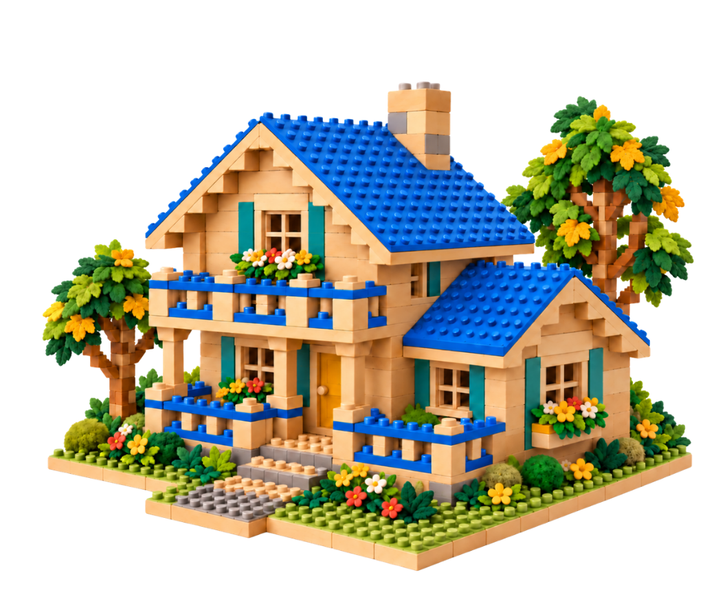 Wooden brick house with blue roofs, a balcony, flower boxes, and a garden with trees.