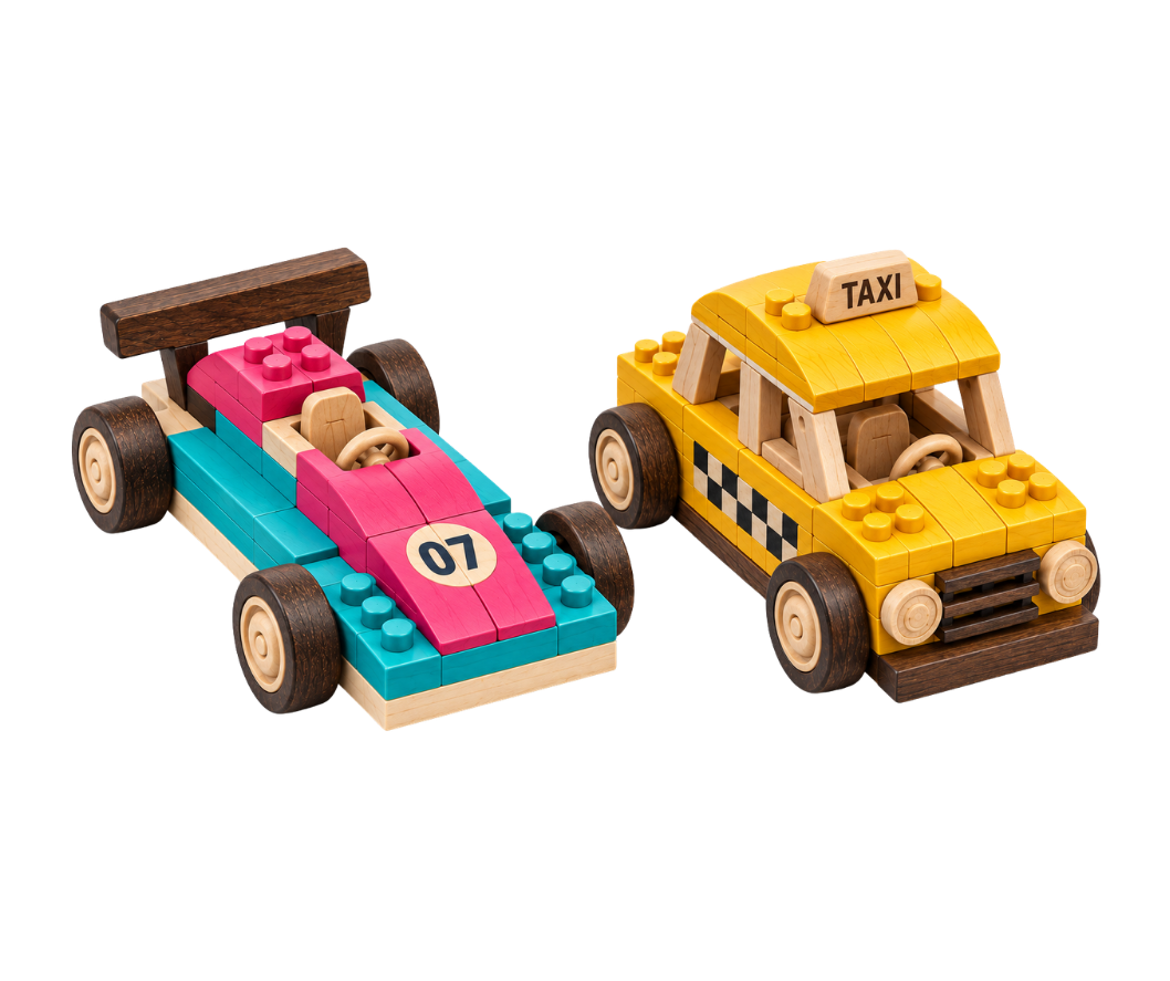 Pink and turquoise wooden brick race car numbered 07 beside a yellow taxi with checkered trim.