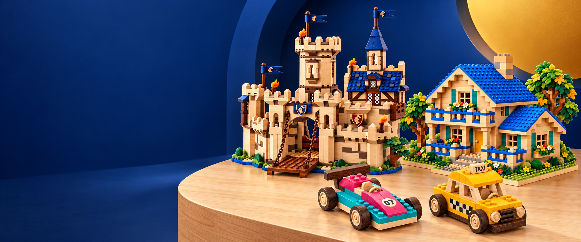 Wooden brick builds of a castle, a house with blue roofs, a colorful race car, and a yellow taxi against a sapphire backdrop.